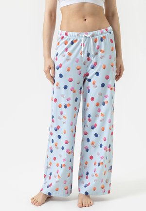 Blauwe gestreepte pyjamabroek met een kleurrijk macarons patroon, voorzien van een elastische tailleband en een relaxte pasvorm. Zachte stoftextuur.