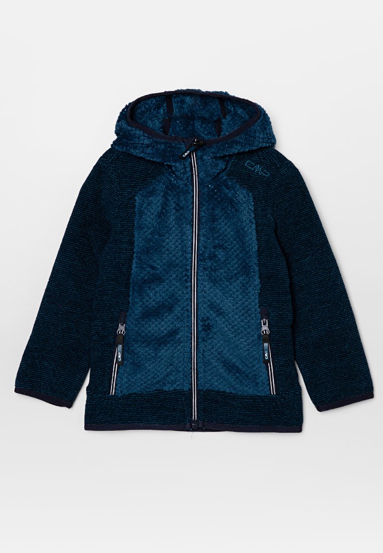 Dunkelblaues Kapuzenshirt aus strukturiertem Fleece-Material, mit Reißverschluss vorne und kontrastierenden glatten Panels, verfügt über Reißverschlusstaschen und Logodetails.