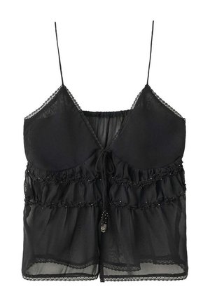 Camisole nera trasparente con spalline sottili, bordo in pizzo, dettagli arricciati e fiocco frontale decorato con piccole perline.