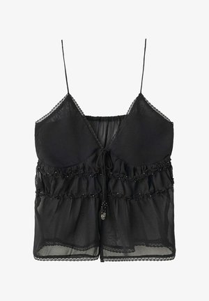 Zwarte doorschijnende camisole met dunne bandjes, kanten afwerking, geplooide details en een voorstrikje versierd met kleine kraaltjes.