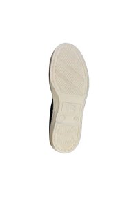 Semelle en caoutchouc blanche avec un motif de grip texturé, présentant un logo en relief et des rainures sur les côtés pour une traction et une stabilité accrues.