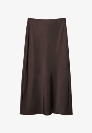 Ciemnobrązowa, średniej długości, prosta spódnica o gładkiej fakturze, pokazana na jednolitym białym tle.
