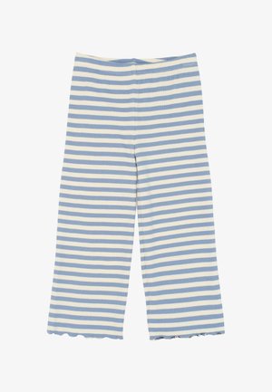 Niebieskie i białe paskowane, prążkowane spodnie z szerokimi nogawkami i falbaniastym dołem, z elastycznym pasem.