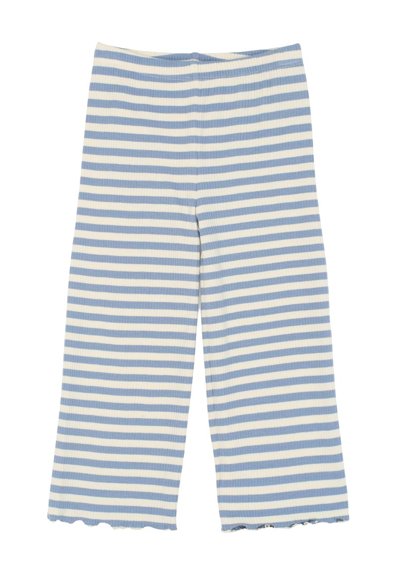 Modré a bílé pruhované ribbed pletené kalhoty s širokými nohavicemi a vlnkovým lemem, s elastickým pasem.