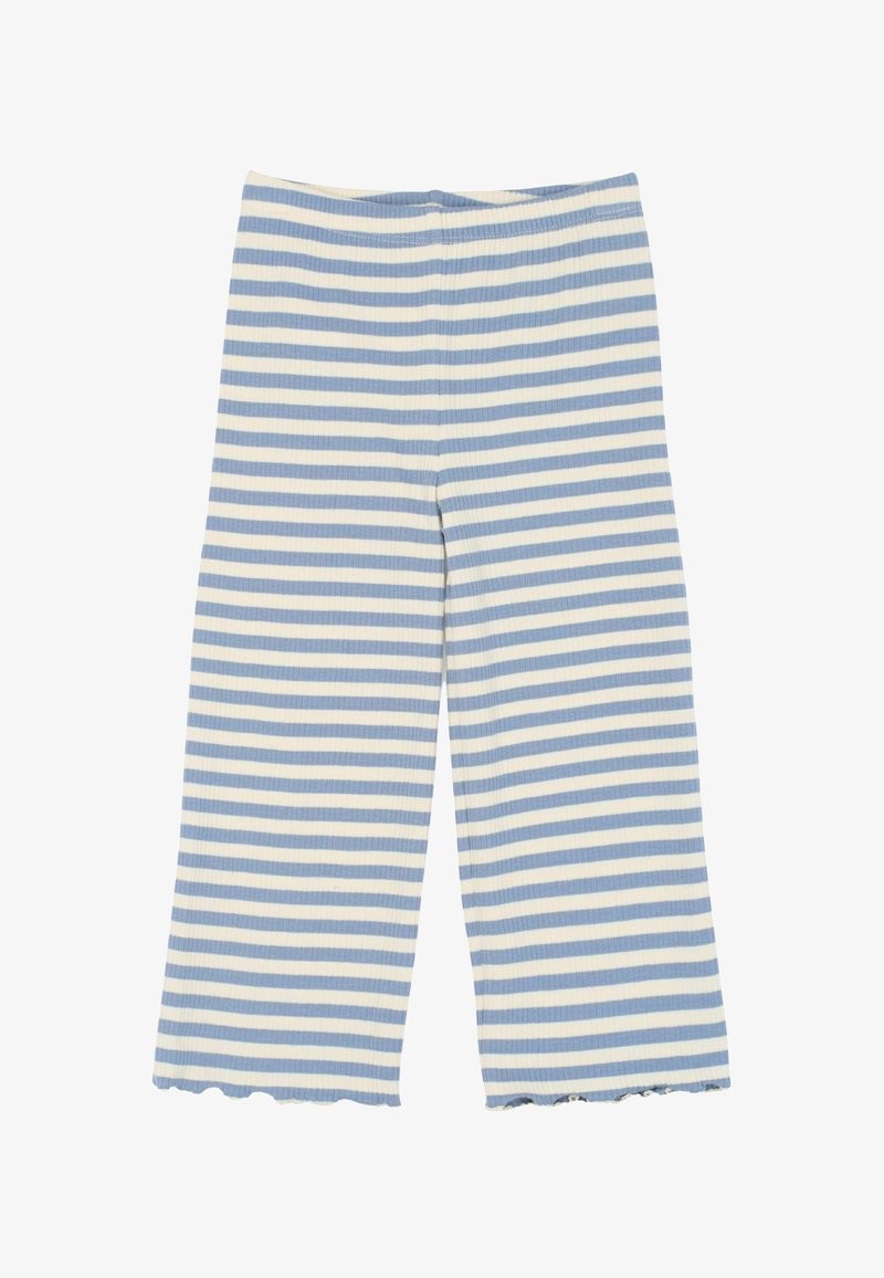 Sinine ja valge triibuline ribakudumine püksid, millel on laiad jalad ja laineline äär, ning elastne vöökoht.