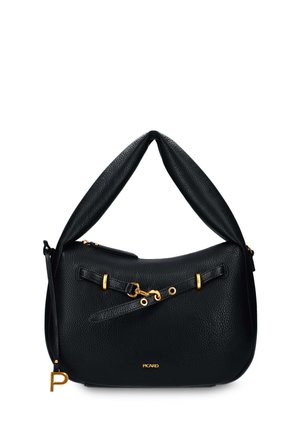 Black textured leather handbag with padded handle, gold-tone hardware, decorative strap detail, and "Picard" logo on front.
