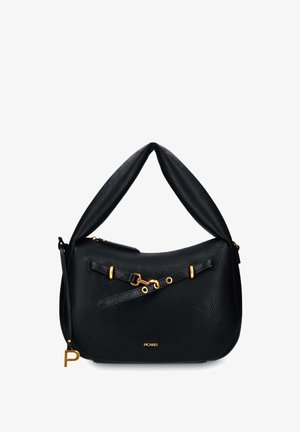 Black textured leather handbag with padded handle, gold-tone hardware, decorative strap detail, and "Picard" logo on front.