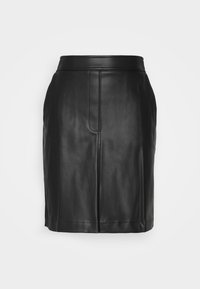 Black leather skirt with a smooth texture, featuring a straight cut, minimal stitching details, and a waistband for closure.
