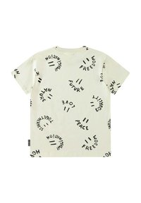 Ljust beige bomulls t-shirt med upprepad svart texttryck med fraser som "Frihet", "Kärlek" och "Framtid." Korta ärmar, rundad hals.