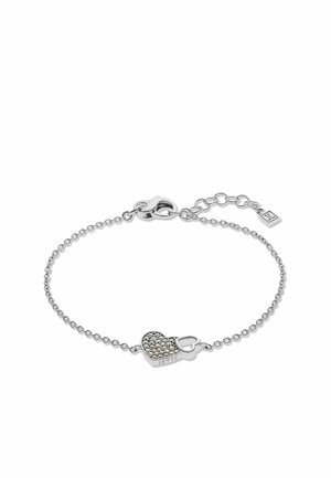 Silbernes Kettenarmband mit einem herzförmigen Anhänger, der mit kleinen Kristallen verziert ist und eine offene Herzkontur zeigt, graviert mit "JETTE".