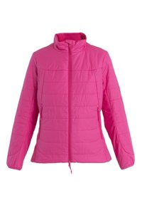 Růžová zateplená bunda s vysokým límcem, horizontálním prošíváním, předním zipem a bočními kapsami. Lehká tkanina s hladkou texturou.