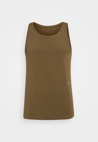 Débardeur vert olive en tissu doux, avec un col rond, sans manches et une finition droite.