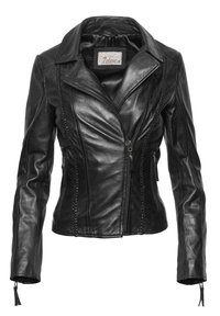 Schwarze Leder-Motorradjacke mit eingeschnittenem Kragen, asymmetrischem Reißverschluss, dekorativer Steppnaht und glatter Textur. Verfügt über seitliche Taschen mit Reißverschluss.