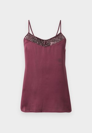 Burgundy satin camisole with adjustable thin straps and a sequin-embellished V-shaped neckline. Smooth texture, featuring a loose fit.
