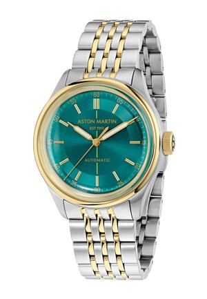 Orologio da polso in metallo bicolore argento e oro con quadrante turchese, indicatori delle ore e lancette dorate che mostrano le 10:08, etichettato Aston Martin Automatic.