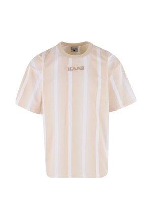 Béžové tričko s krátkym rukávom a vertikálnymi bielymi pruhmi, s okrúhlym výstrihom a logom "KANI" v strede. Bavlnený materiál.