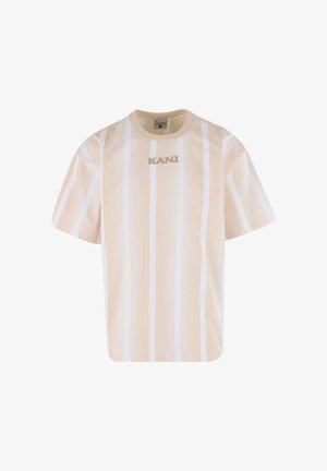 Béžové tričko s krátkym rukávom a vertikálnymi bielymi pruhmi, s okrúhlym výstrihom a logom "KANI" v strede. Bavlnený materiál.