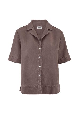 Braunes Kurzarm-Hemd mit Knöpfen und Kragen, ausgestattet mit einem geraden Saum und einem Etikett im Nackenbereich.