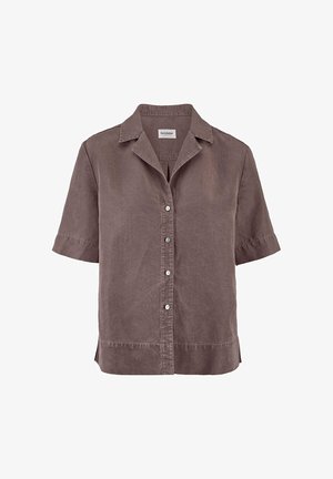 Braunes Kurzarm-Hemd mit Knöpfen und Kragen, ausgestattet mit einem geraden Saum und einem Etikett im Nackenbereich.