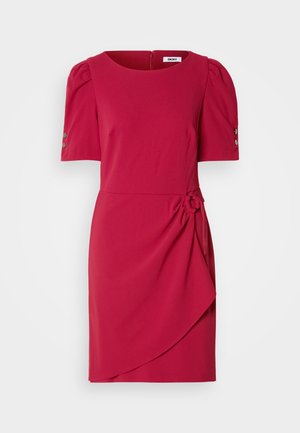 Red dress with a round neckline, short puff sleeves, and a side tie detail. Features a fitted silhouette and knee-length hem.