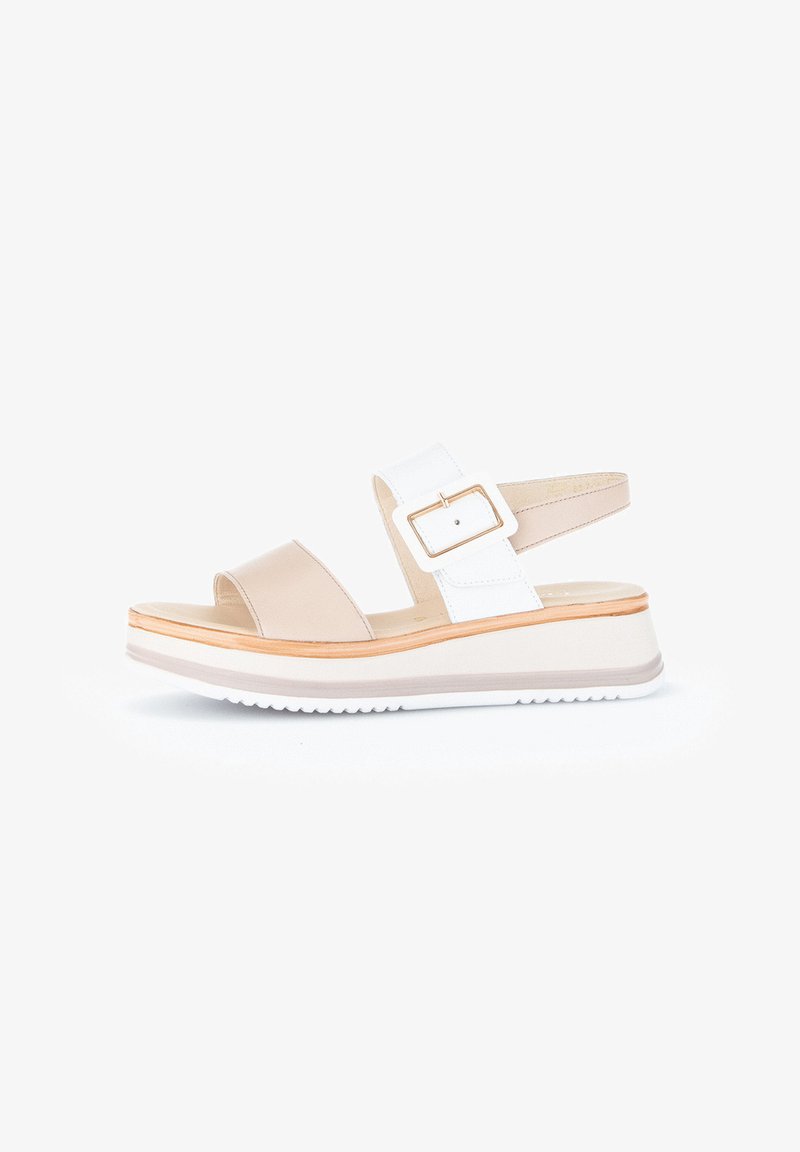 Beige and white platform sandals with a glossy finish, adjustable buckle, and textured sole. Features a subtle layered design.