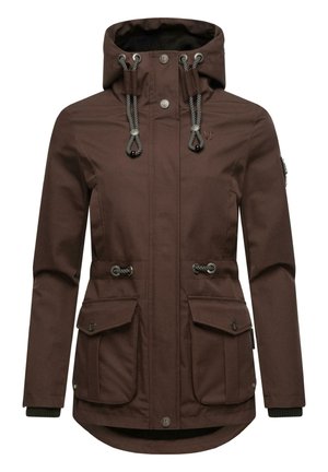 Brown waterproof jacket with a hood, drawstring accents, two front pockets, and a longer back hem. Textured fabric with snap closures.