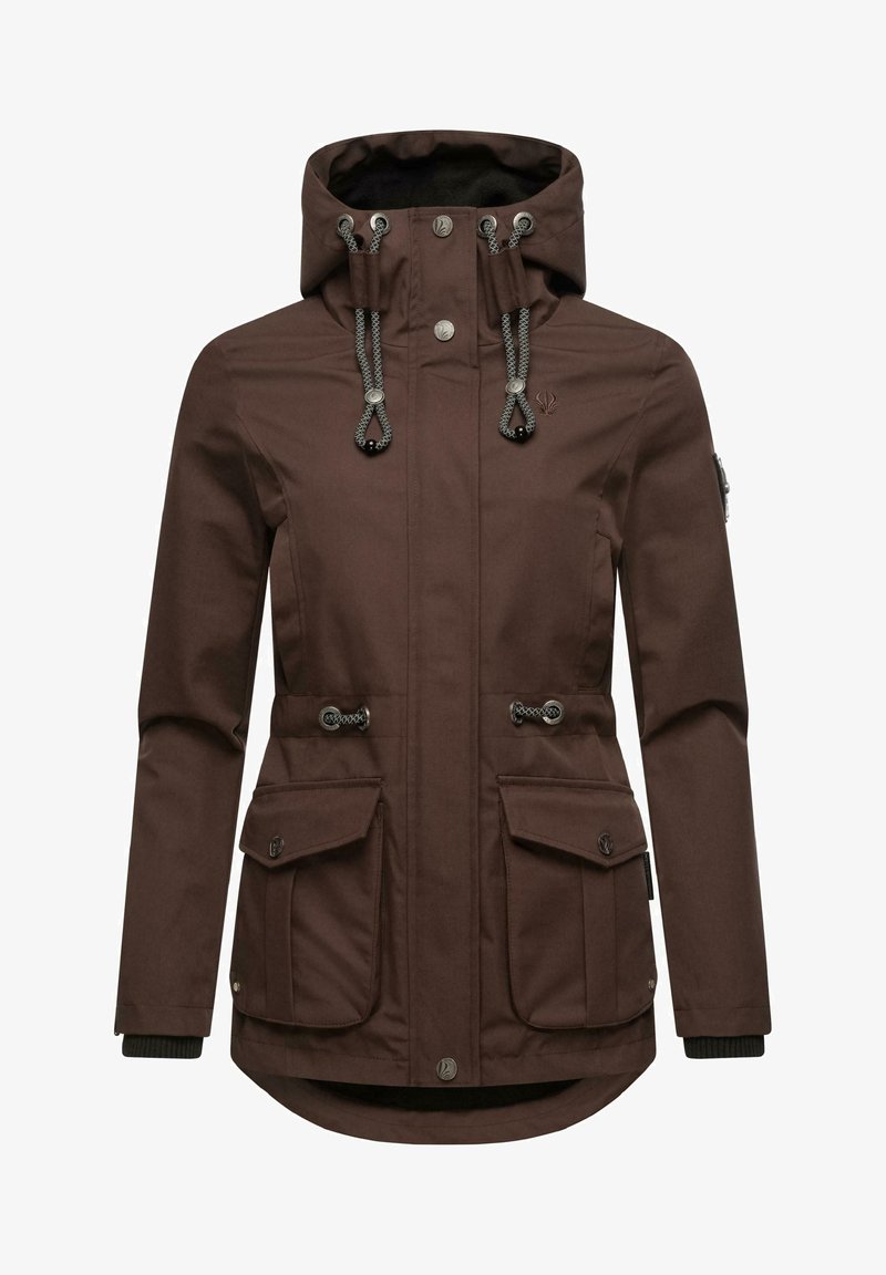 Braune wasserdichte Jacke mit Kapuze, Zugbandschmuck, zwei Vordertaschen und einem längeren Rückensaum. Texturiertes Gewebe mit Druckknopfverschlüssen.