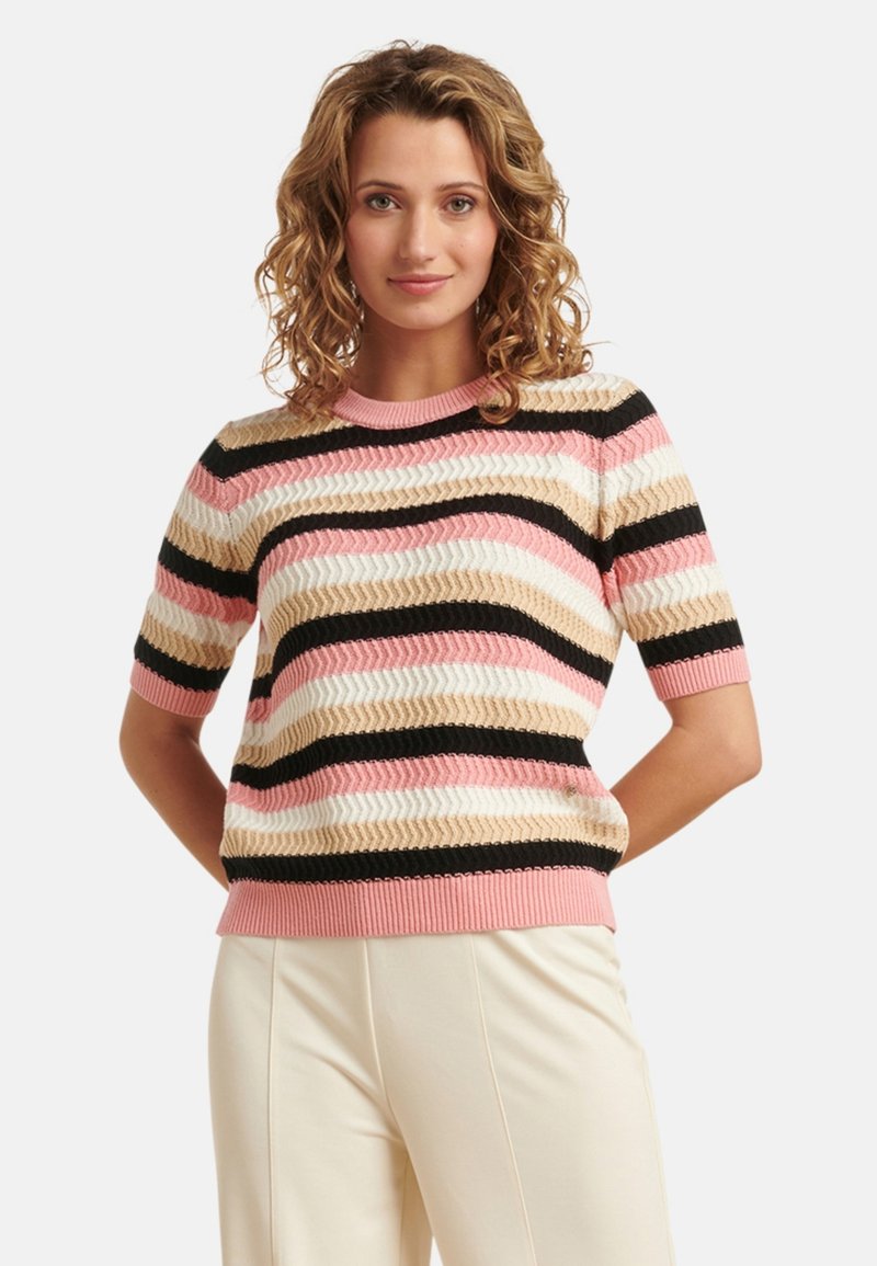 Kurzarmpullover aus Strick in pink, schwarz und creme mit Zickzackstreifen, mit einem gerippten Halsausschnitt und Saum sowie einer strukturierten Oberfläche.