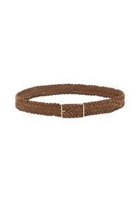 Geflochtener brauner Ledergürtel mit einer rechteckigen, goldfarbenen Schnalle. Verfügt über ein strukturiertes Webmuster und ein schlankes Profil.