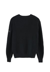 Zwarte gebreide trui met geribbelde structuur, ronde halslijn en lange mouwen. Bevat een POLO CLUB logo label op de linker mouw.