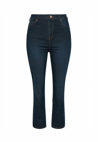 Jeans in denim blu scuro con vita alta, caratterizzati da cuciture dorate e taglio dritto, che termina appena sopra la caviglia. Design classico a cinque tasche.