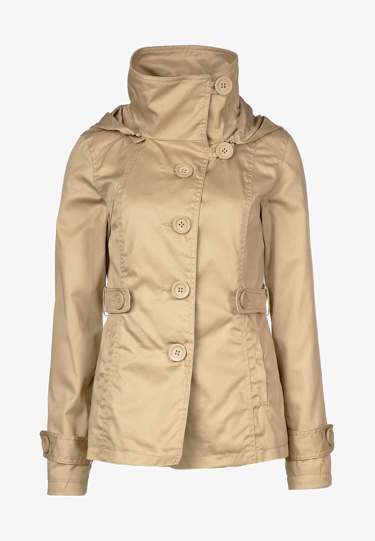 Veste beige pour femme avec boutons, col montant, pattes à la taille, manches longues et poignets boutonnés, en tissu lisse.