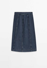 Tummansinisestä denim-hameesta, jossa on suora siluetti, pleatattu muotoilu, ommellut saumat ja vyötärönauha.
