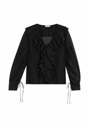 Zwarte blouse met lange mouwen, een diepe V-hals en een gerimpelde voorkant. Voorzien van verstelbare manchetbanden en een gladde textuur. Elegante minimalistische uitstraling.