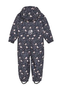 Marineblaue kinderwasserdichte Overall mit einem floralen Muster in Pink und Grün, mit elastischen Bündchen und Kapuze,Featuring einem runden Logo auf der Vorderseite.