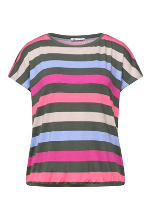 Short-sleeve shirt with horizontal stripes in pink, lilac, beige, and dark green, featuring a round neckline and relaxed fit.