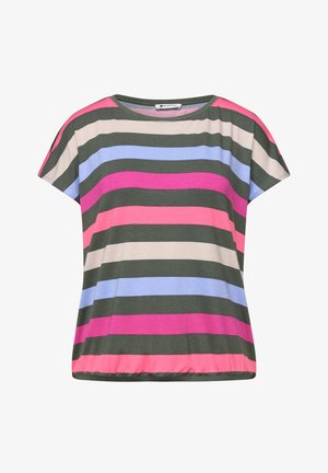 Camisa de manga corta con rayas horizontales en rosa, lila, beige y verde oscuro, con cuello redondo y un corte relajado.