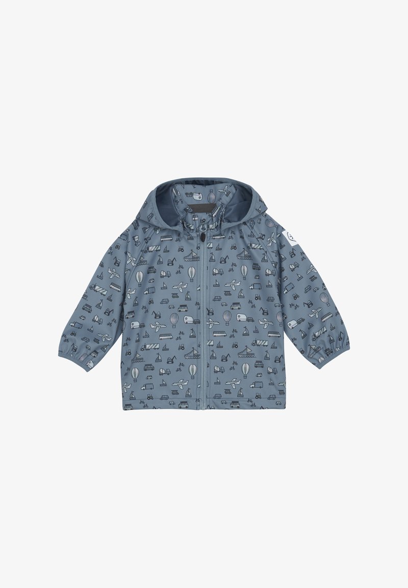 Lightweight children's rain jacket in blue with a variety of printed transport icons. Features a hood and front zipper, elastic cuffs.