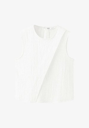 Top blanc sans manches texturé avec encolure ronde et détail asymétrique sur le devant.