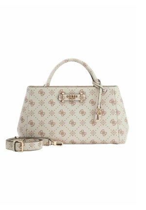 Sac à main beige clair avec une finition texturée, présentant un motif répétitif, des ferrures dorées, deux poignées et une bandoulière amovible.