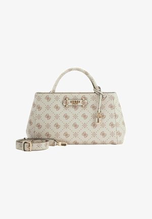 Borsa beige chiaro con finitura testurizzata, caratterizzata da un motivo ripetuto, accessori in tono oro, doppie maniglie e tracolla staccabile.