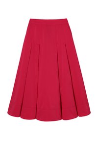 Punane laienev seelik, millel on voldid, sile pind ja põlveni ulatuv lõige, lai ääris ja varjatud vöökoht.