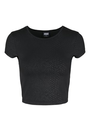 Tricou scurt negru, realizat dintr-un material elastic cu un model texturat subtil. Dispune de un decolteu rotund și mâneci scurte.