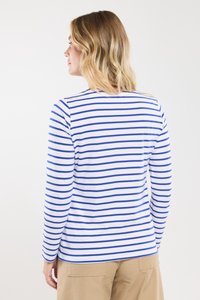 Langärmliges Hemd in Weiß mit blauen horizontalen Streifen. Weiches Baumwollmaterial, Rundhalsausschnitt und eine entspannte Passform, geeignet für Freizeitkleidung.