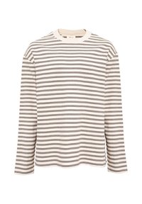 Cremfarbendes Langarmshirt mit dunkelbraunen horizontalen Streifen. Rundhalsausschnitt, lockere Passform und leicht abgerundeter Saum. Baumwollmischgewebe.