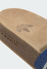 Hnědé skluzavkové sandály s texturovanou béžovou stélkou a modrým akcentem. Mají vyražené logo a hladký vnější materiál.