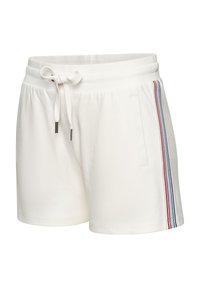 Weiße Baumwollshorts mit elastischem Bund und Kordelzug. Mit Seitentaschen und vertikalen Streifen in Rot, Blau und Grau.