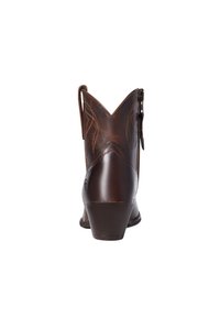 Botín de cuero marrón con puntera puntiaguda, costuras decorativas, una cremallera lateral y un tacón bajo apilado.