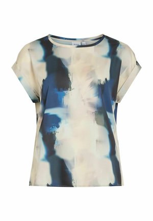Short-sleeve top in lightweight fabric featuring an abstract blue and cream pattern, with a round neckline and a relaxed fit.