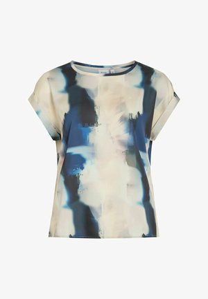 Short-sleeve top in lightweight fabric featuring an abstract blue and cream pattern, with a round neckline and a relaxed fit.